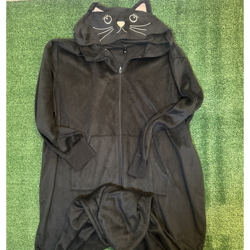 Torrid Fleece Black Cat One Piece PJ Jumpsuit Sleepwear Costume Womens Size 3/4